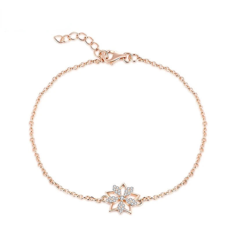 YILUN Rose Gold Plated Snowflake Bracelet 925 Sterling Silver Cubic Zirconia Flower Bracelet - Winter Jewelry Gift