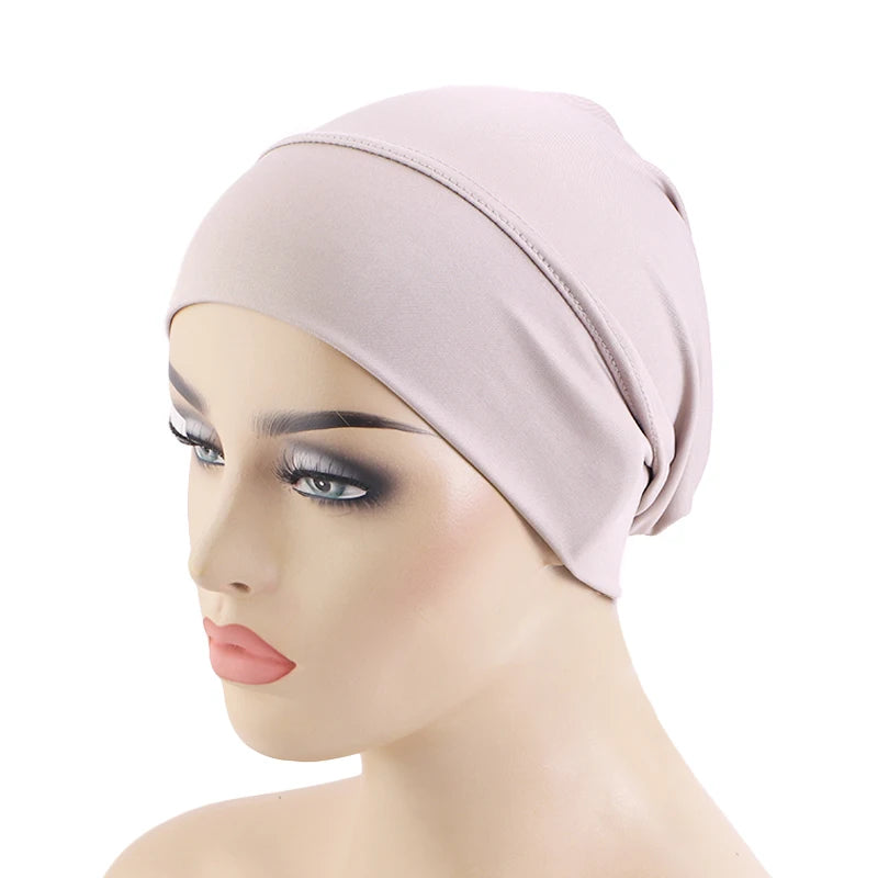 Wholesale Custom Logo Hair Accessories Soft Stretchy Muslim Beanie Dome Cap Head Wrap Turbans Hijab Solid Color Turban for Women