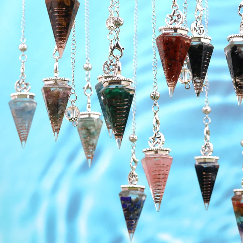 Ancient Silver Resin Hexagonal Cone with Short Metal Chain Natural Crystal Gemstone Agate  Feng Shui Divination