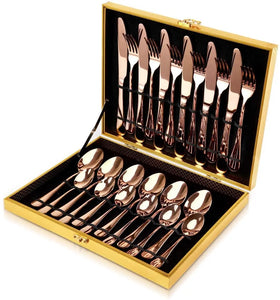 Factory Wholesale Classic 24 Piece Gold Stainless Steel Cutlery Set With Wooden Box