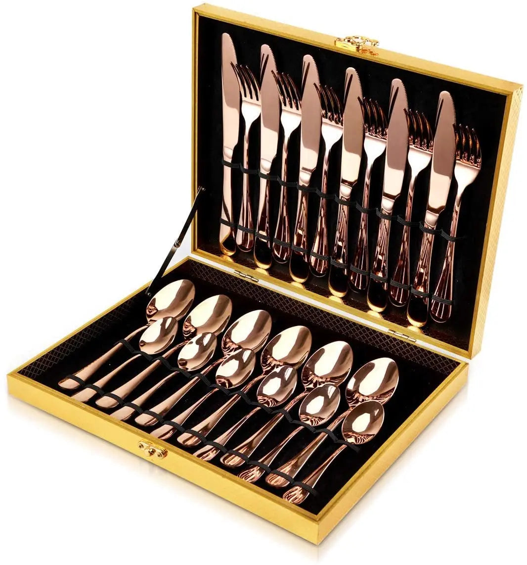 Factory Wholesale Classic 24 Piece Gold Stainless Steel Cutlery Set With Wooden Box