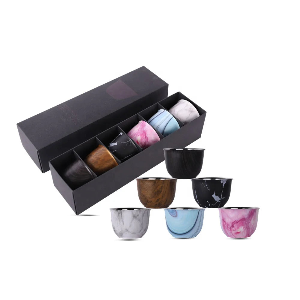 Luxury Arabic Coffee Cup Set of 6 with Gift Box Classic 304 Stainless Steel Eco-Friendly Tea Cup Kit for Travel Business Gifts