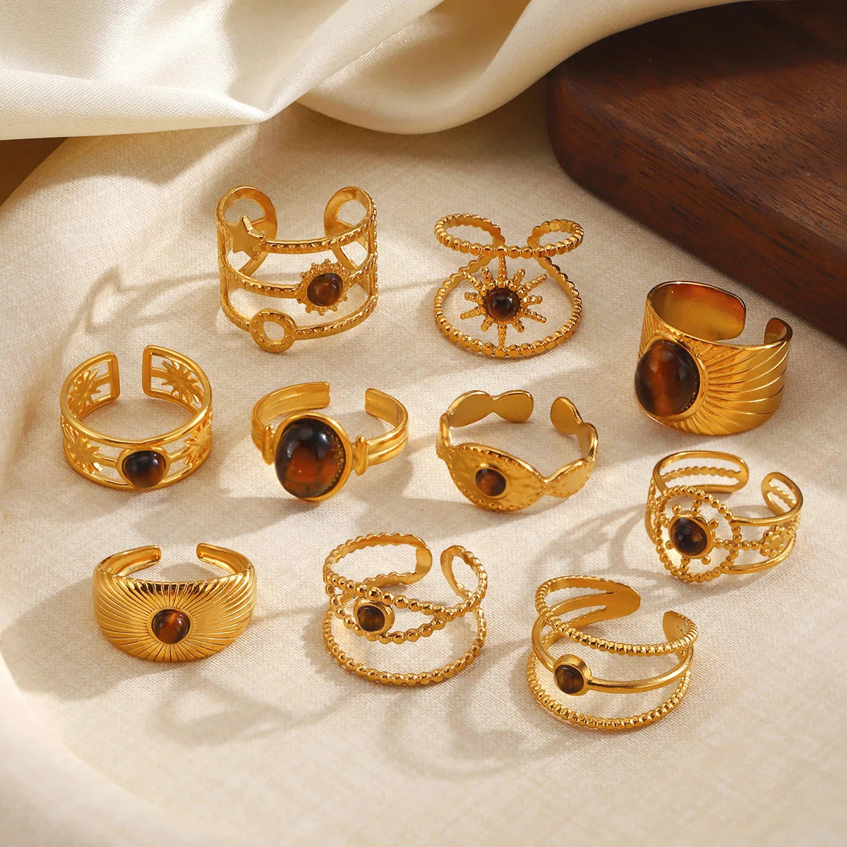 18K Gold Plated Tarnish-Free Tiger Eye Natural Stone Opening Oval Rings Stainless Steel Irregular Shape Ring