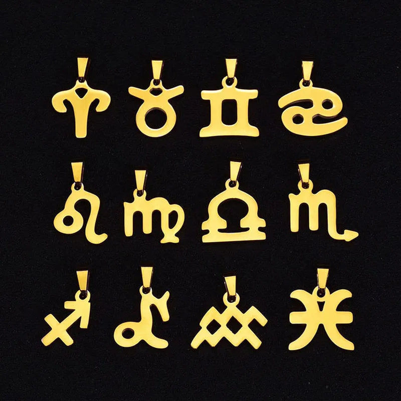 Wholesale 12 Constellatory Zodiac Sign Pendant Gold Plated Stainless Steel Astrology Necklace Women Jewelry Charm
