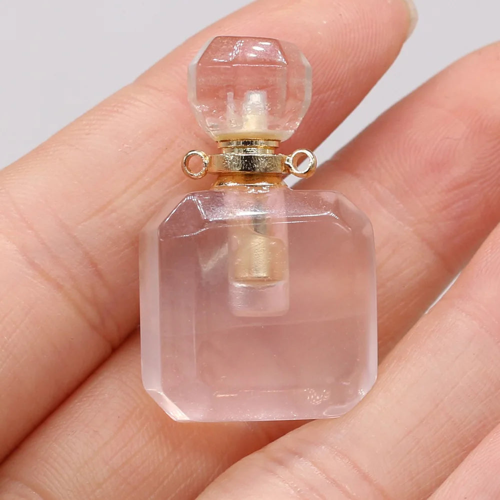 Hongzhuo Rose Quartz Gemstone Square Shape Perfume Bottle Pendant Essential Oil Vial Diffuser Necklace