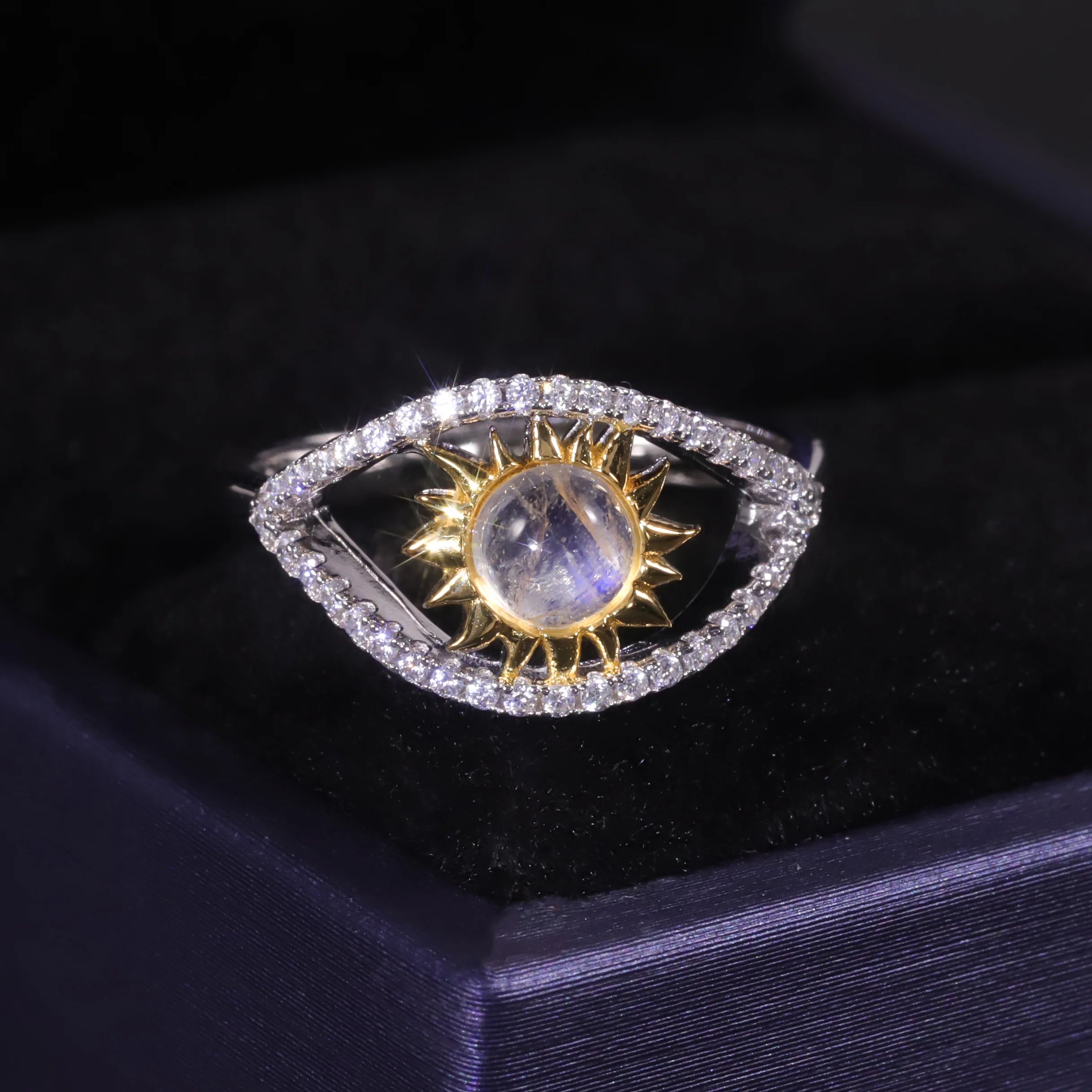 C8181 Handcrafted Excellence Jewelry Wholesale Women CZ Diamond and June Birthstone Rainbow Blue Moonstone Ring Sliver