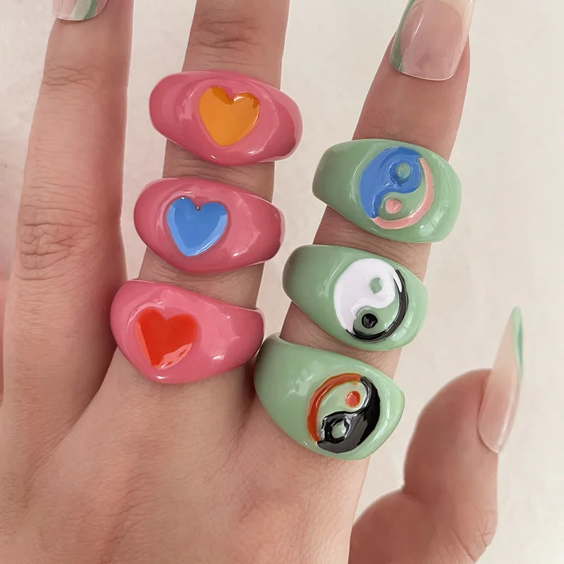 3pcs/set Butterfly Resin Knuckle Ring Set Creative Personality Colorful Heart Ring Set of Y2K Bohemia Ring for Women