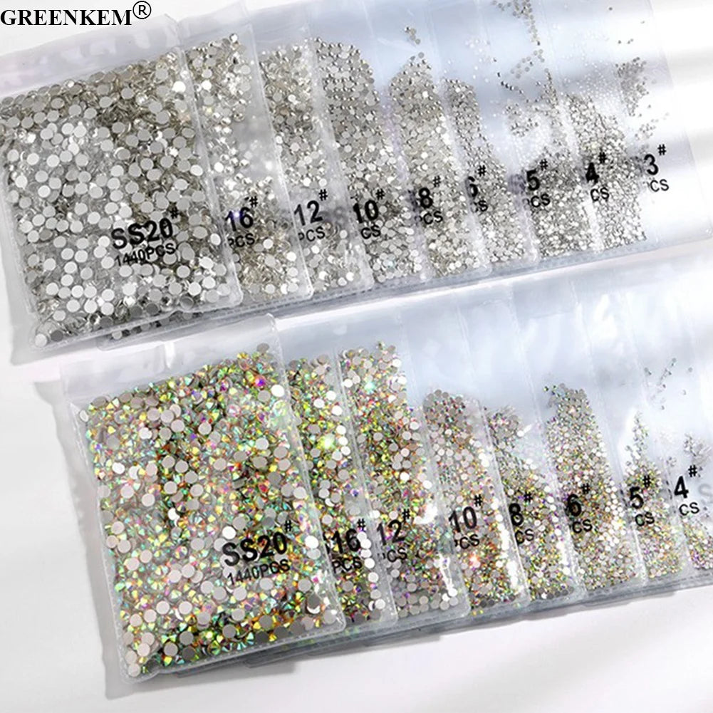 New Bling AB Holographic Flash Nail Glass Rhinestone Set Art Decoration Crystal Flat Base Ss3-ss20 1440pcs Nail Art Rhinestones