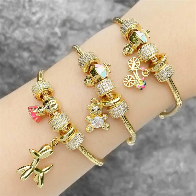 Trendy 18K Gold Plated Snake Chain Beaded Bracelet Women Personalized Cubic Zirconia Charms Ladies' Geometric Jewelry Christian