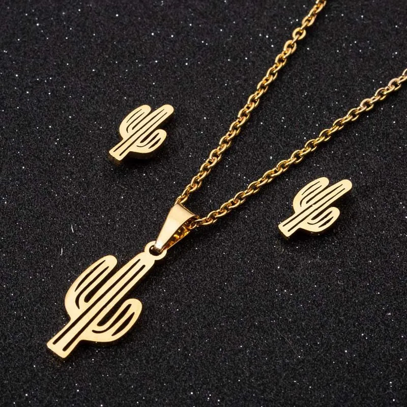 Dainty 18K Gold Silver Plated Stainless Steel Charm Cactus Earring Necklace Jewelry Set for Women