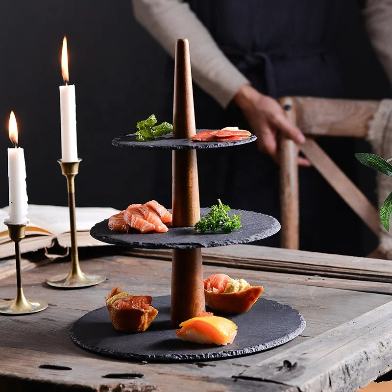 Rock Three-layer Tray Shelf Tea Multi-layer Party Fruit Plate Dessert Japanese Table Cake Stone Plate
