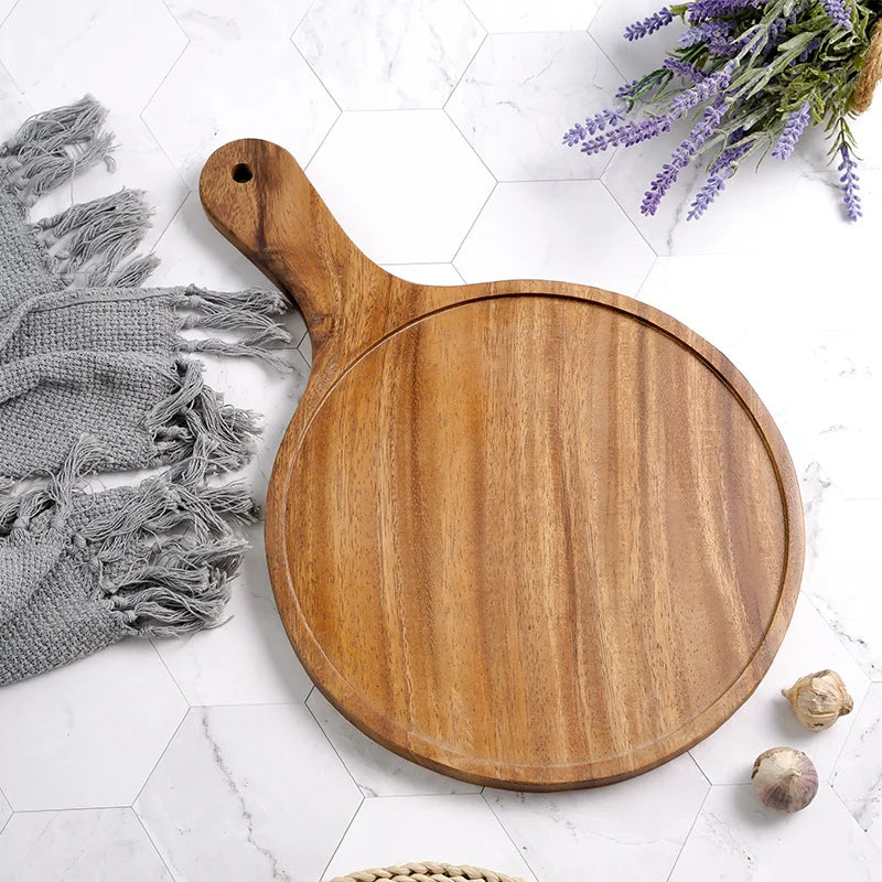 Acacia Wood Round Chopping Board Restaurant Kitchen Utensils for Breakfast and Pizza Cutting Ready Goods