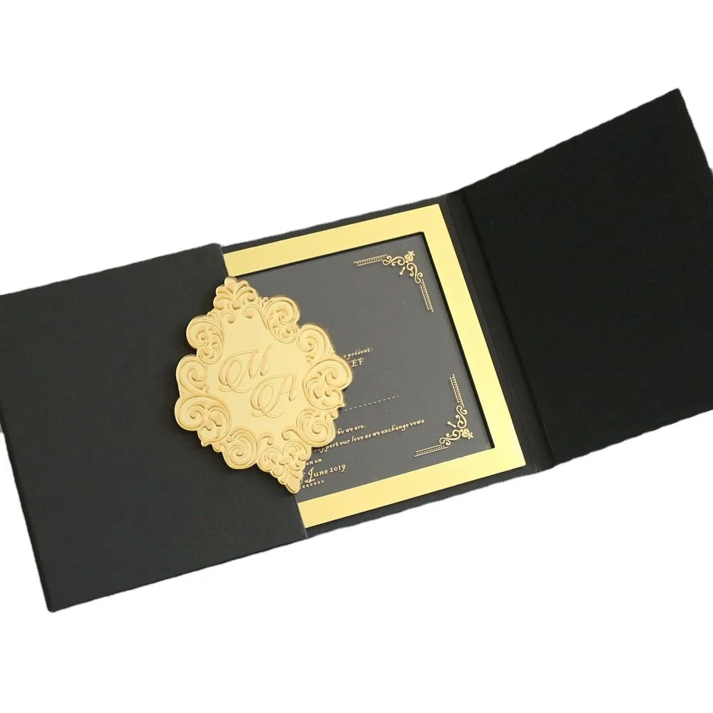 Luxury Custom Acrylic Invitations with Black Hardcover Monogram Acrylic Logo Tag
