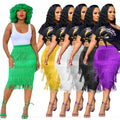 Latest 2022 Fall Women Fashion Knee Length Skirt Green Tassel Fringe Skirts