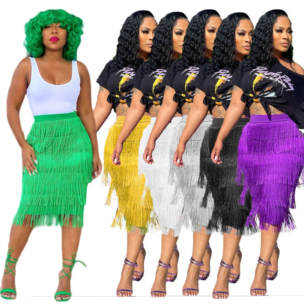 Latest 2022 Fall Women Fashion Knee Length Skirt Green Tassel Fringe Skirts