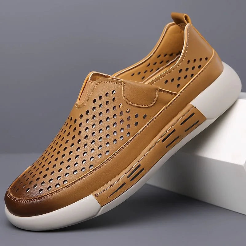 New Styles PU Leather Breathable Hollow Summer Footwear Slip on Casual Shoes for Men