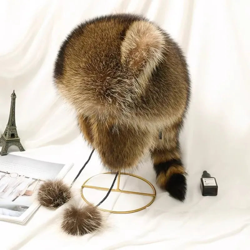MWfur Children and Women Winter Head Warmer with Earflap and Tail American Raccoon Fur Hat for Kids
