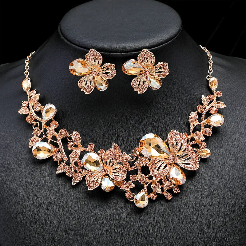 Exaggerated  Necklace Earrings Jewelry Sets Wedding Bride Women Alloy Crystal Rhinestone Flower Necklace Earrings Set