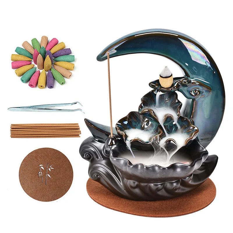 Hot Sale Ceramic Chinese Incense Holder Moon Back Flow Incense Burner Waterfall Incensio