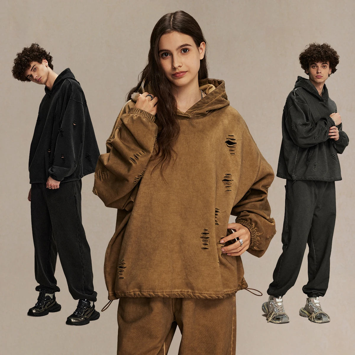 Heavyweight 450GSM Men's Vintage French Terry Oversized Pullover Hoodie Acid Wash Distressed Ripped Hole for Autumn