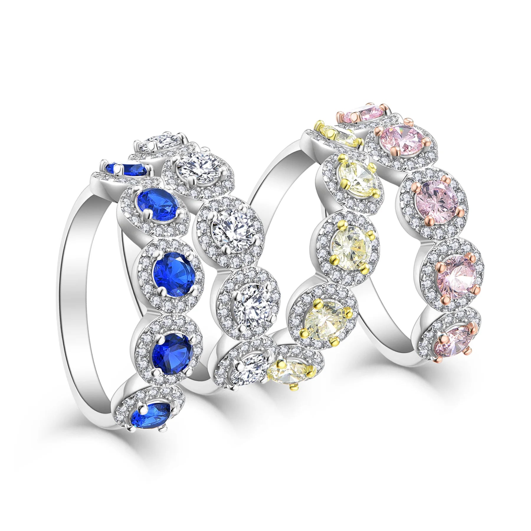 Fashion Design Half Eternity Five-Stone Diamond Moissanite Sapphire Halo Ring Sterling Silver