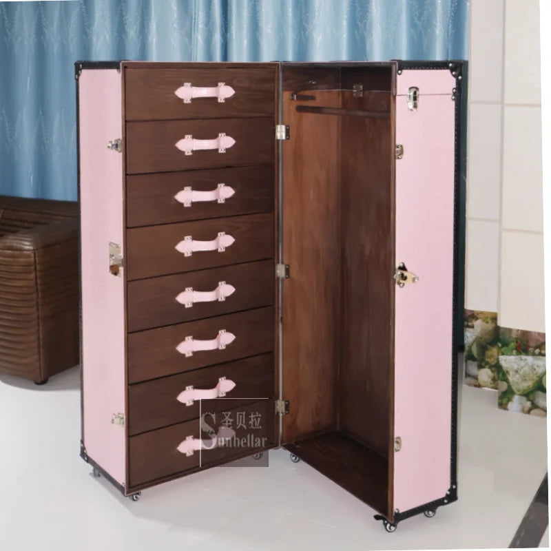 OEM ODM Retro Vintage Pink Crocodile Leather Foldable Mobile Wardrobe with 8 Drawers 2 Doors Eco-Friendly for Workshop Villa Use