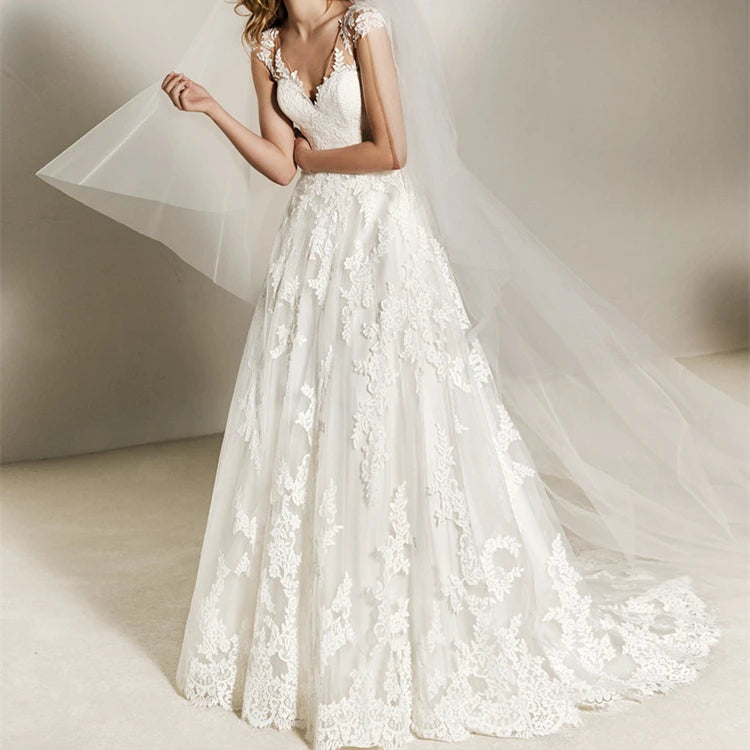 A-line Bridal Gown Popular Lace V-neck Sleeveless Small Tail Embroidery  Wedding Dresses Vestido De Novia