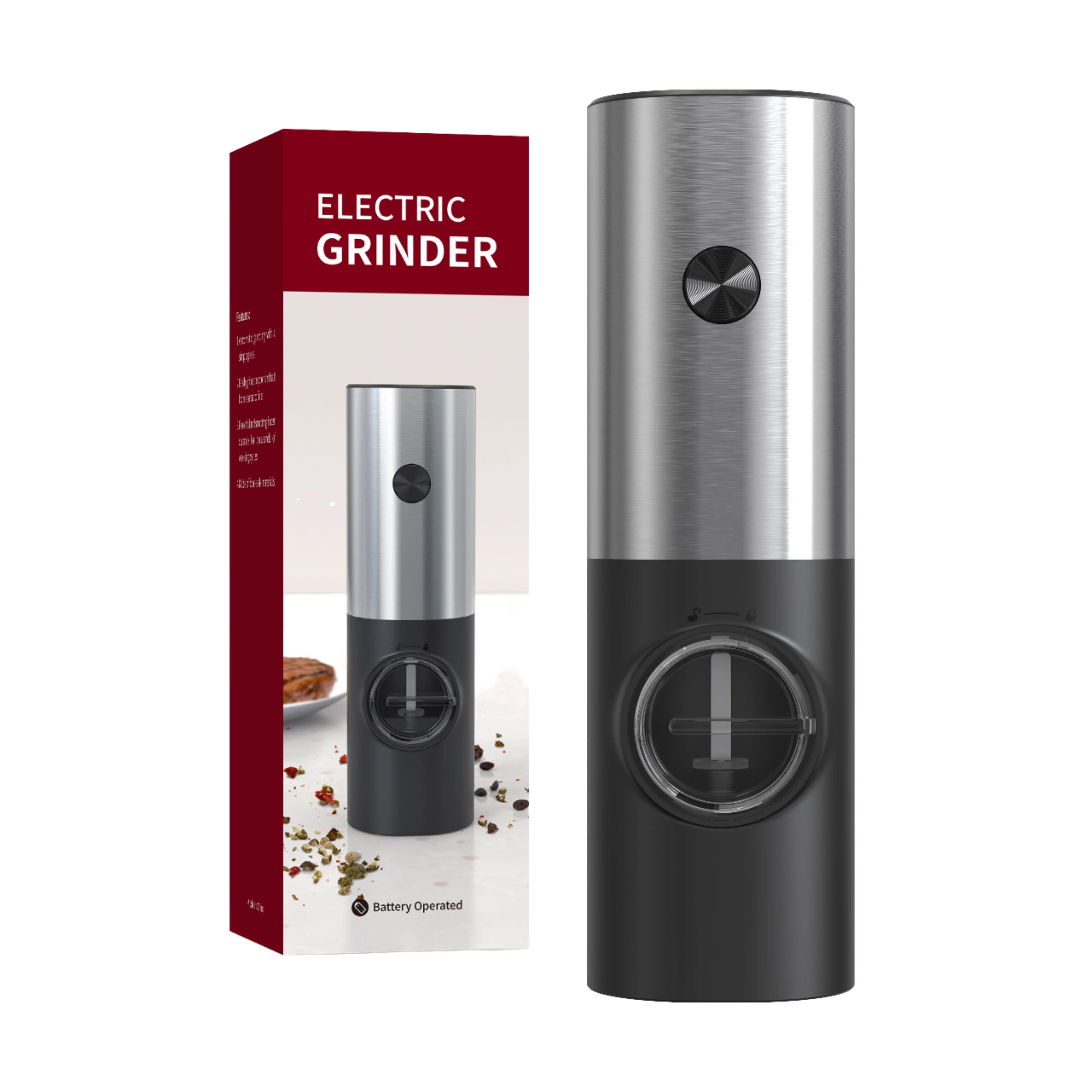 One-Hand Operation Pepper Grinder Set Battery Operated Metal Stainless Steel and Ceramic Mill with Color Box