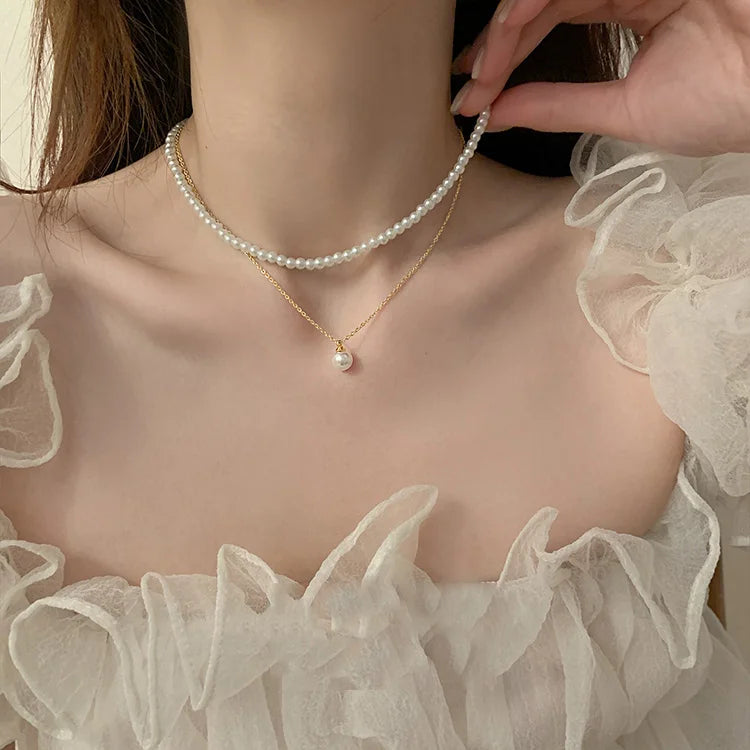INS Style Pendant Necklace Double Layered Pearl Necklace Light Luxury Exquisite Stainless Steel Necklace for Women