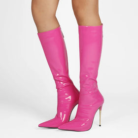 Luxury Metal High Heel Knee-High Boots for Women Classic Patent PU Pointed Toe Zip Closure Western Style Heart-Shaped Arch