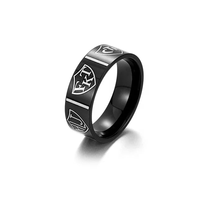 Yiwu Aceon Stainless Steel Men's Wide Flat Band Stamped Shield Different Language HLJ CTR FKT Men's Black Choose Right Ring