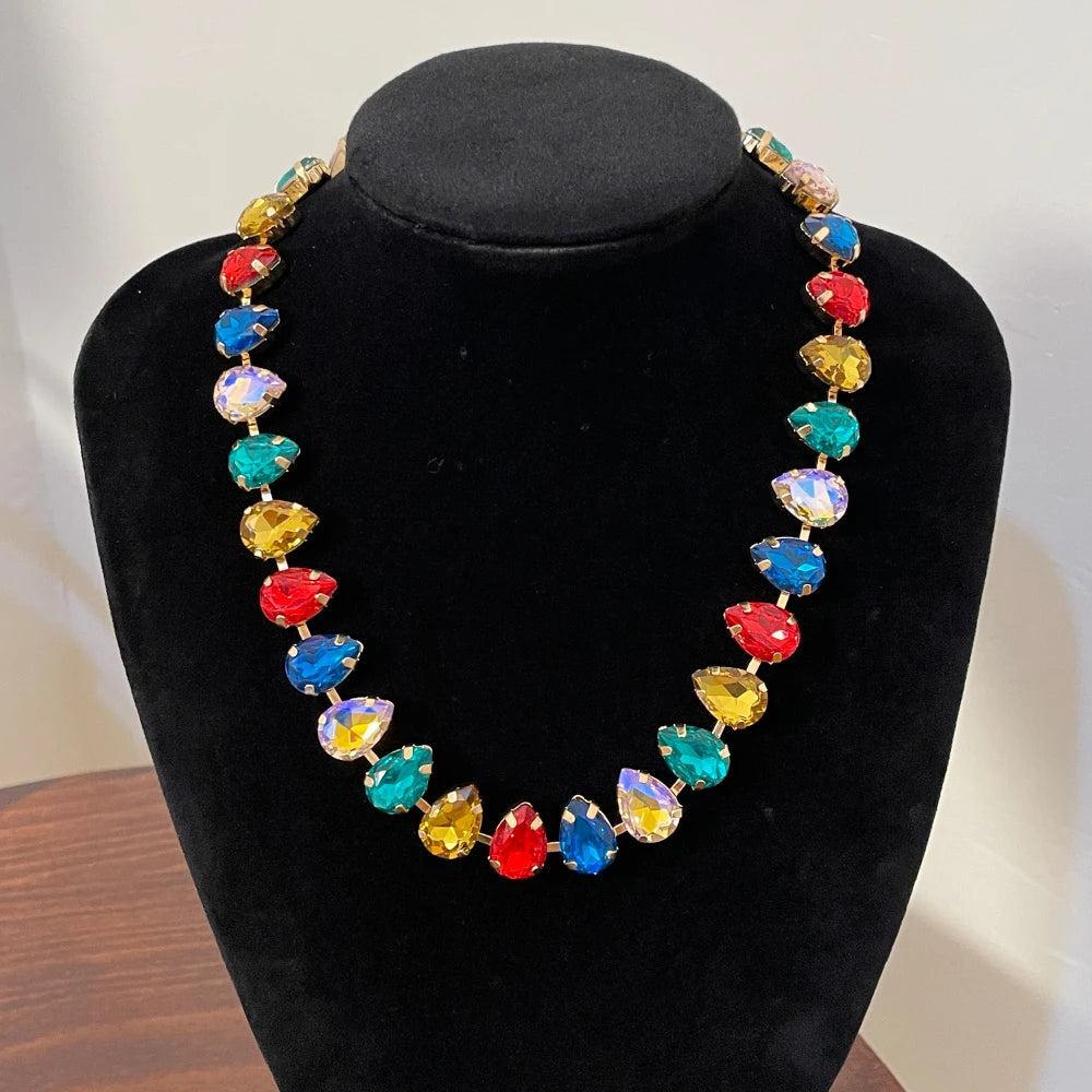 Exaggerate Chunky Colorful Crystal Geometric Necklace Sparkling Rhinestone Crystal Water Drop Necklace for Lady