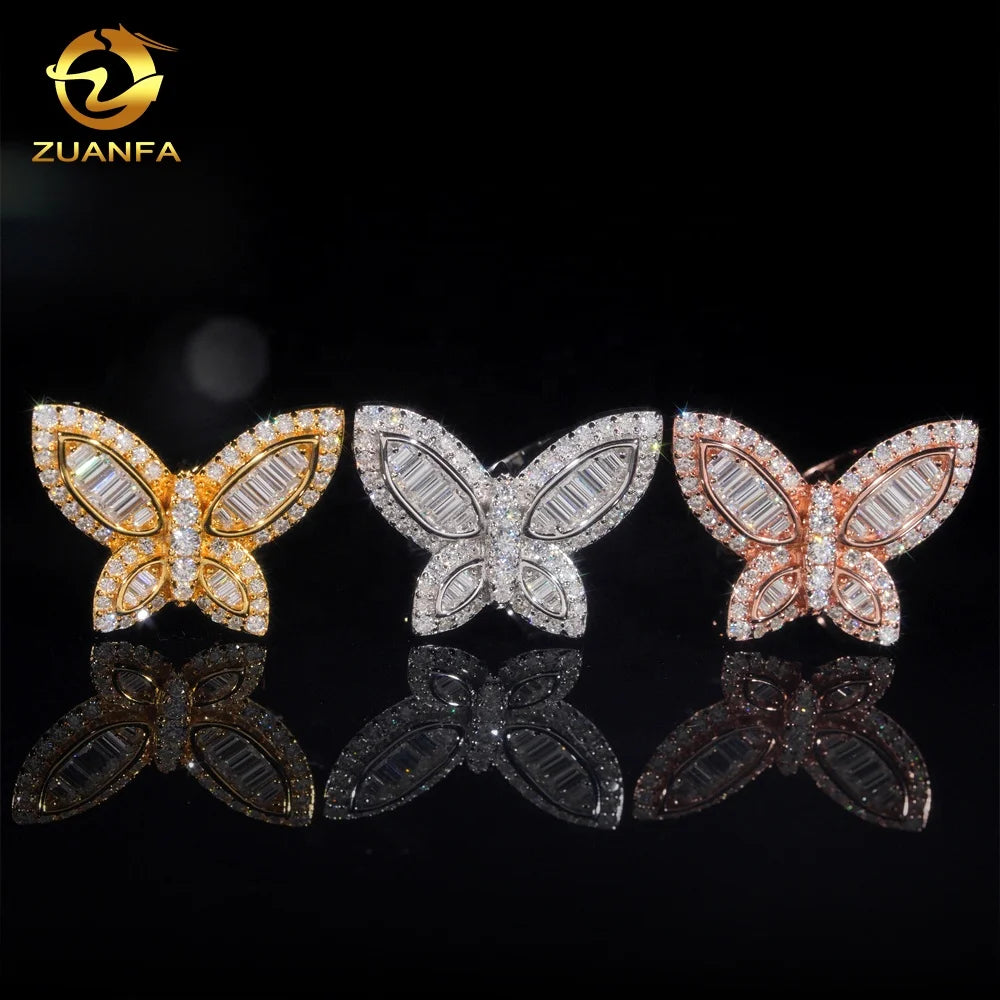 Fashion Jewelry Moissanite Diamond Butterfly Luxury Hip Hop 925 Silver Rose Gold Women Rings