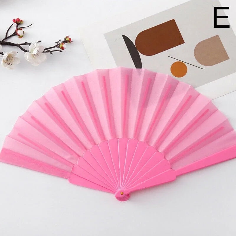 Plastic Crafts in STOCK Excellent Quality 23cm Solid Color Fabric Pink Folding Hand Fans With Plastic Ribs