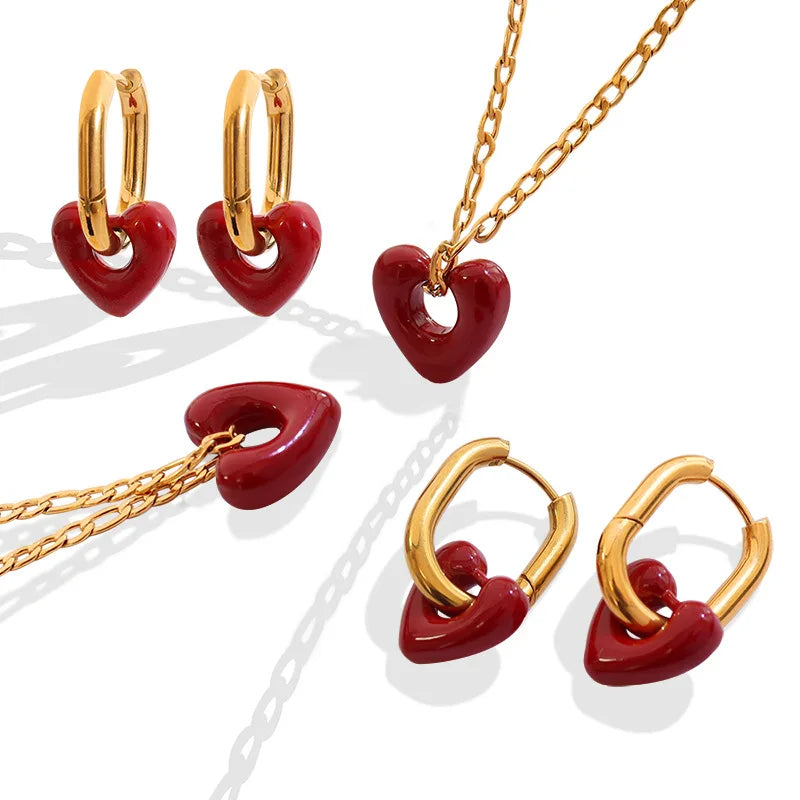 18K Gold PVD Lovely Cute Red Heart Pendant Stainless Steel Necklace Hoop Earring Jewelry Set