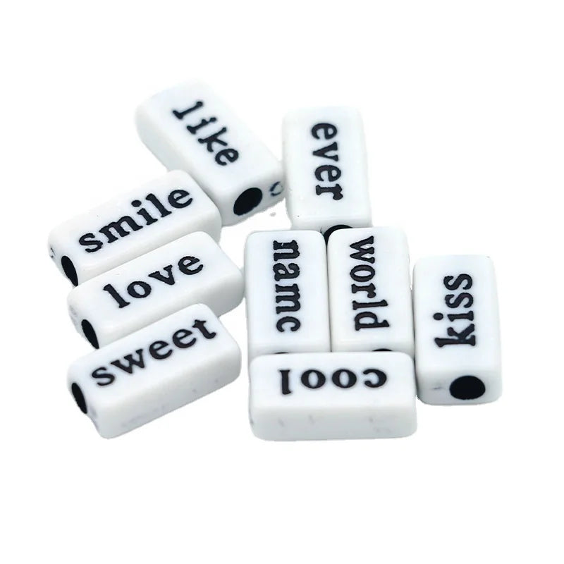 Wholesales White Plastic Acrylic Rectangle Black Alphabet Letter Beads for Jewelry Making