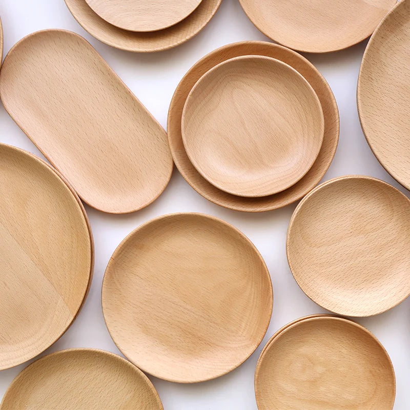 Round Wooden Plate Snacks Fruit Bread Cake Serving Tray Breakfast Dessert Dishes Towel Plate Kitchen Restaurant Dinnerware Sets