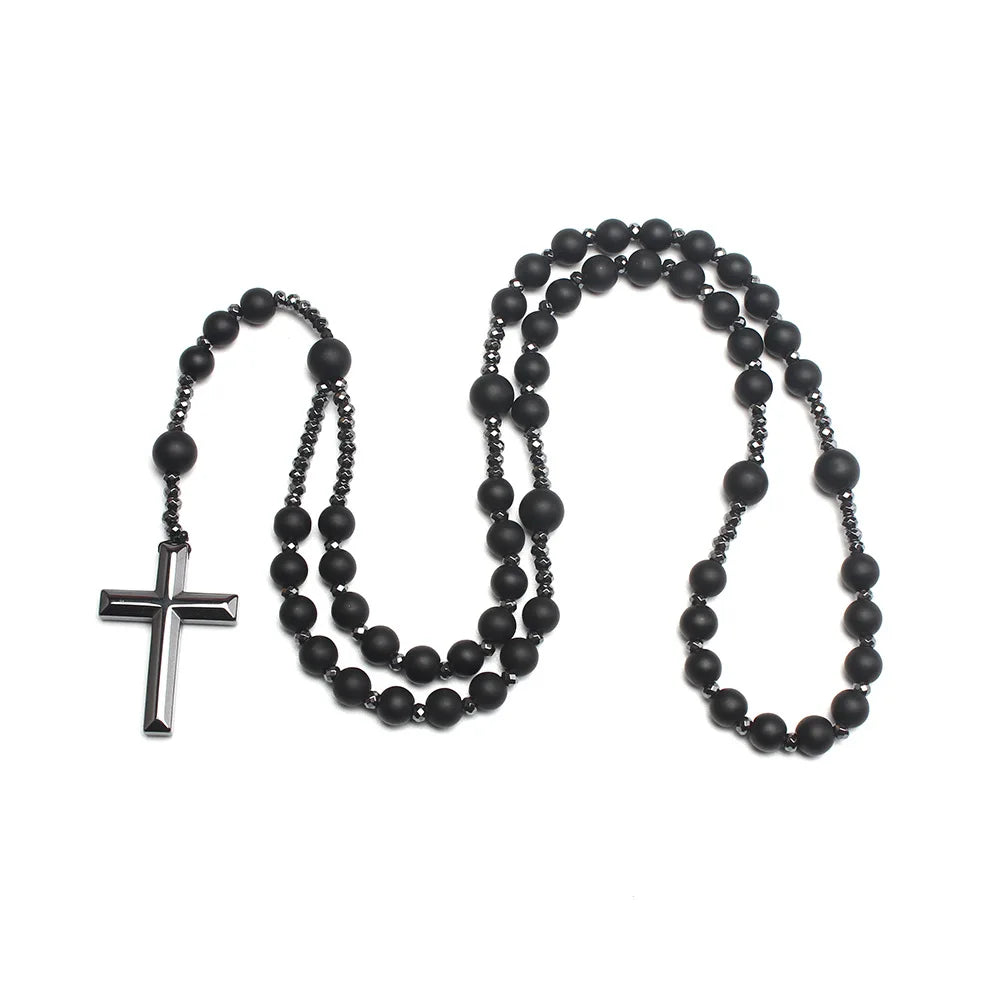 Wholesale 8mm Black Natural Stone Silver Tassel Prayer Beads Necklace with Hematite Cross Pendant Muslim Rosary Beads Necklace