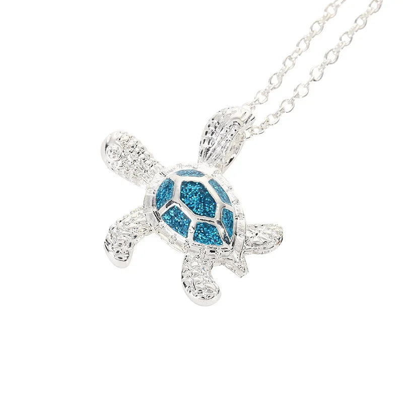 New Fashion Cute Silver Filled Blue Opal Sea Turtle Pendant Necklace for Women Female Animal Wedding Ocean Beach Jewelry Gift