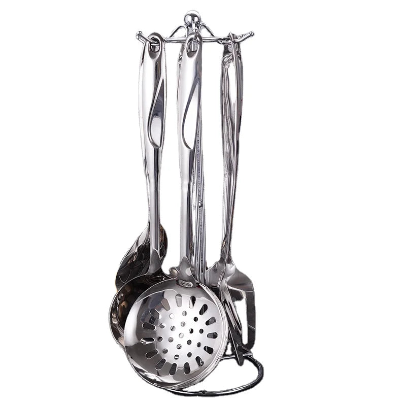 7Pcs Stainless Steel Cooking Utensils Set With Stand Holder Mirror Polished Metal Kitchen Tool Set Soup Ladle Skimmer Spatula