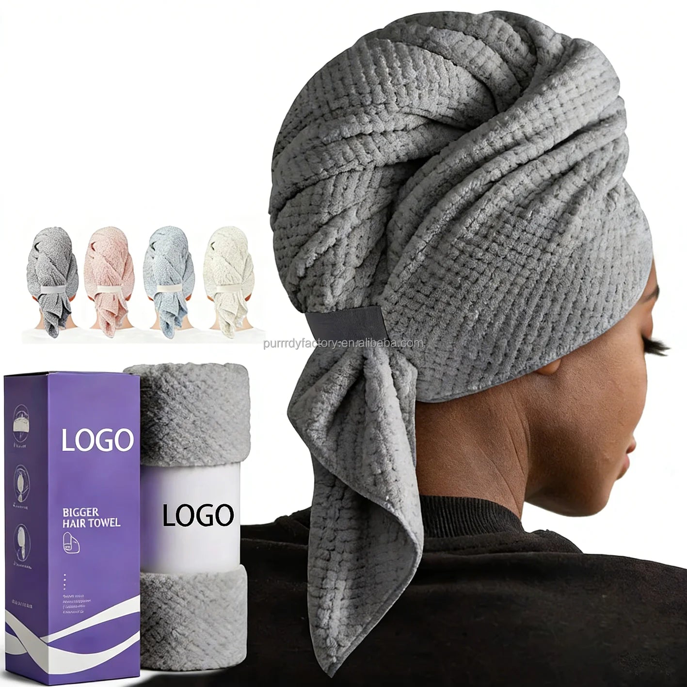 Custom Logo Microfiber Hair Towel Wrap Ultra Absorbent Twist Turban Drying Cap Hair Wrap for Drying Curly Long Thick Hair