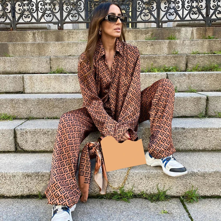 Enyami Autumn Spring Printed Pattern Satin Casual Co Ord Set Turn Down Blouse Top Elastic Waist Pants 2 Pc Matching Suit Women