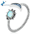 Classical Sun and Moon 925 Sterling Silver Adjustable Ring with Blue Opal Gemstone Trendy Wedding Party Anniversary Jewelry