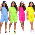 Women's Summer Casual Solid Knitting Customizable Two-Piece Short Set T-Shirt & Biker Shorts with Eco-Friendly Breathable Fabric