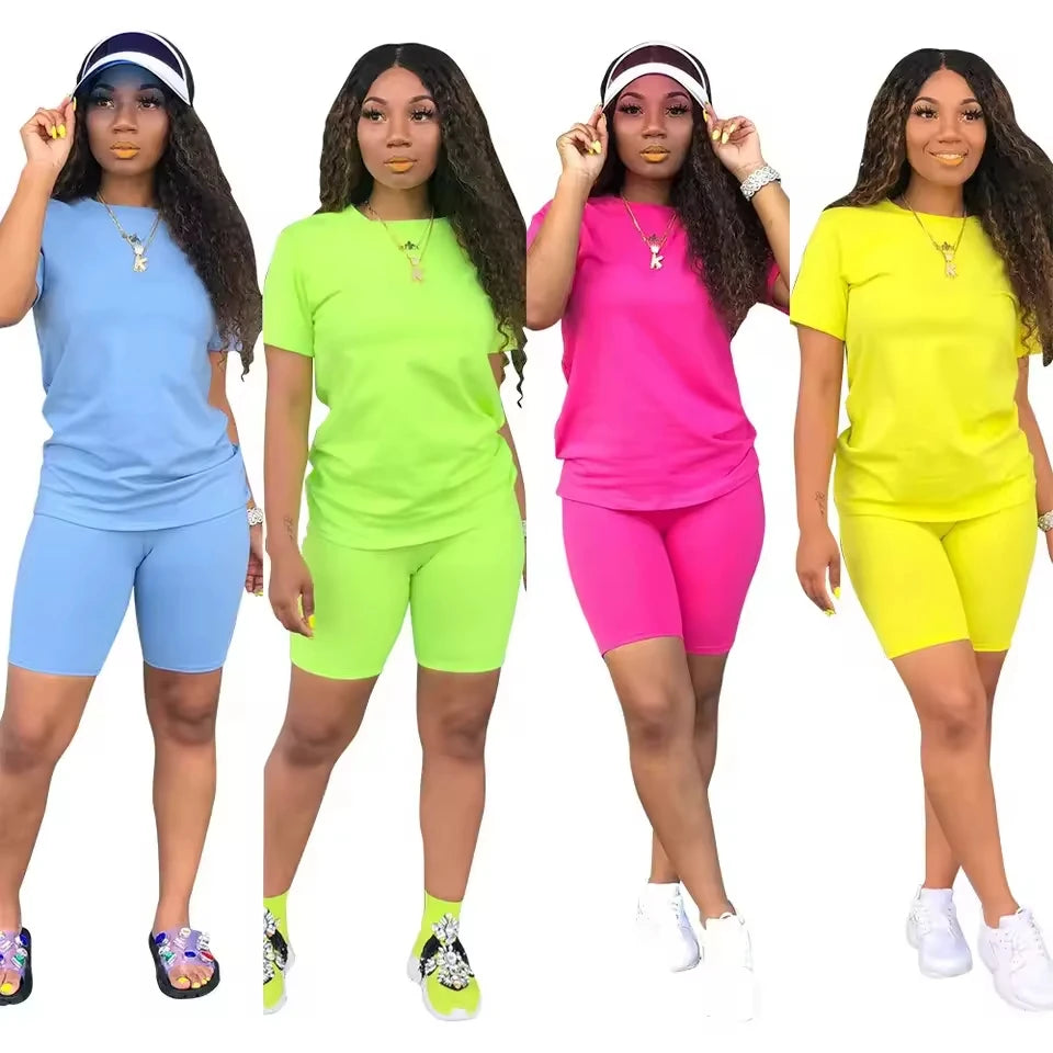 Women's Summer Casual Solid Knitting Customizable Two-Piece Short Set T-Shirt & Biker Shorts with Eco-Friendly Breathable Fabric