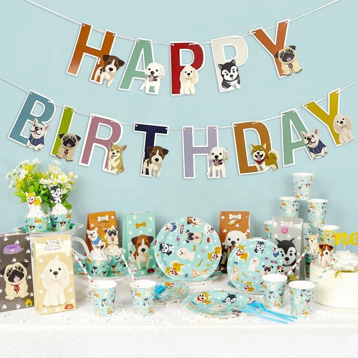 Pet Birthday Party Supplies Tableware Set Pet Dog Kids Themed Disposable Paper Plate Cup Napkin Dog Birthday Party Tableware Set