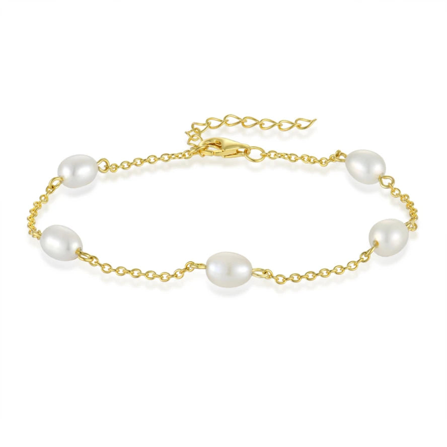 925 Sterling Silver Gold Plated Pearl Station Bracelet Adjustable Chain Link Jewelry for Women Bridal Gift