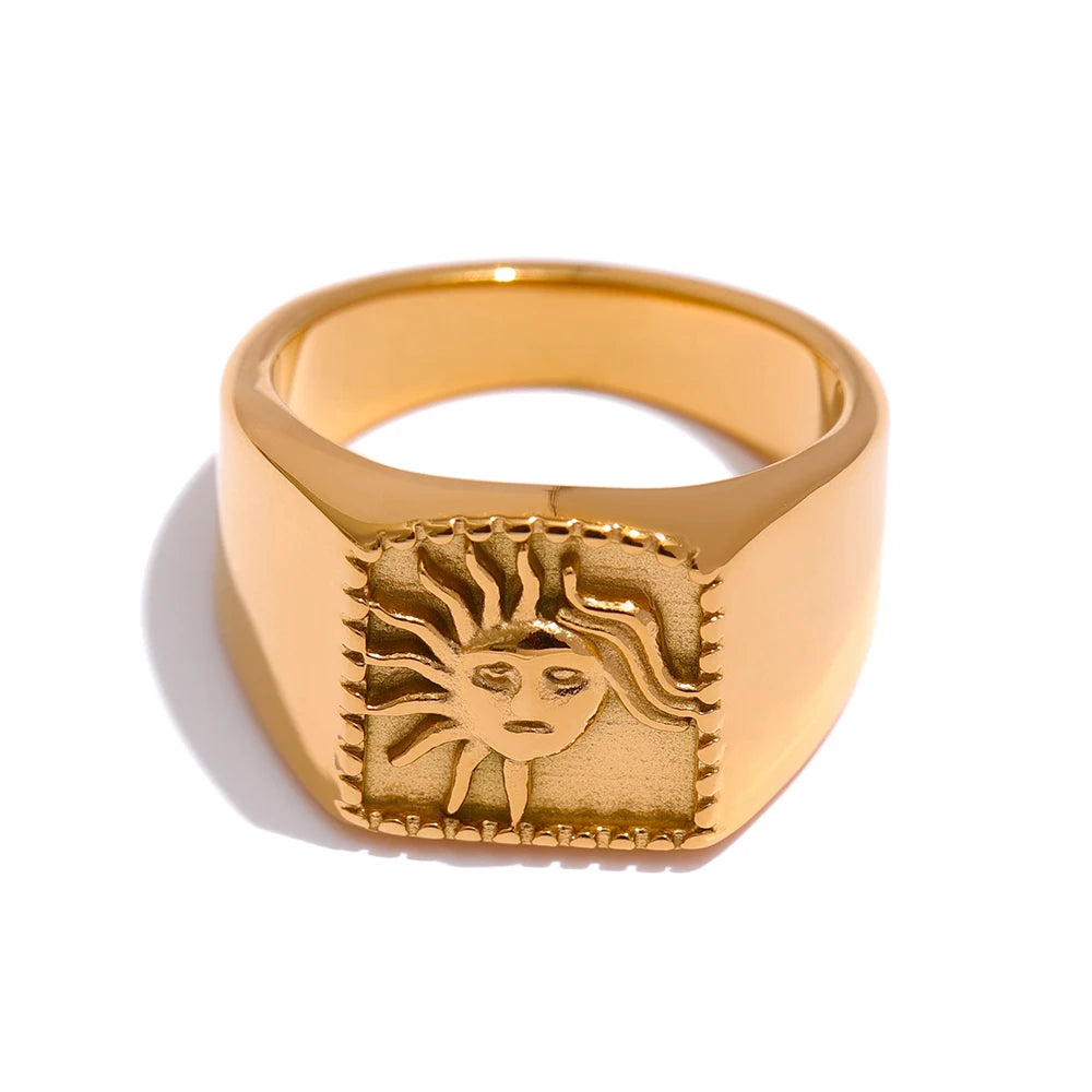 JINYOU 2208 Square Personalised Statement 18K Gold Plated Stainless Steel Abstract Sun Ring Waterproof Jewelry Accessories Women
