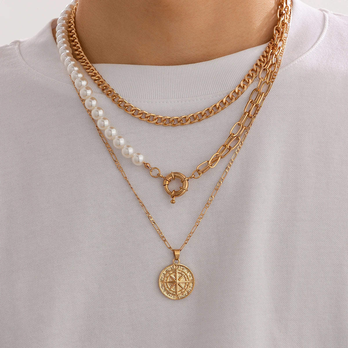 3Pcs/Set Vintage Compass Pendant Imitated Pearl Necklaces for Men Trendy Male Street Stacked Chain Chokers Fashion Jewelry Gifts