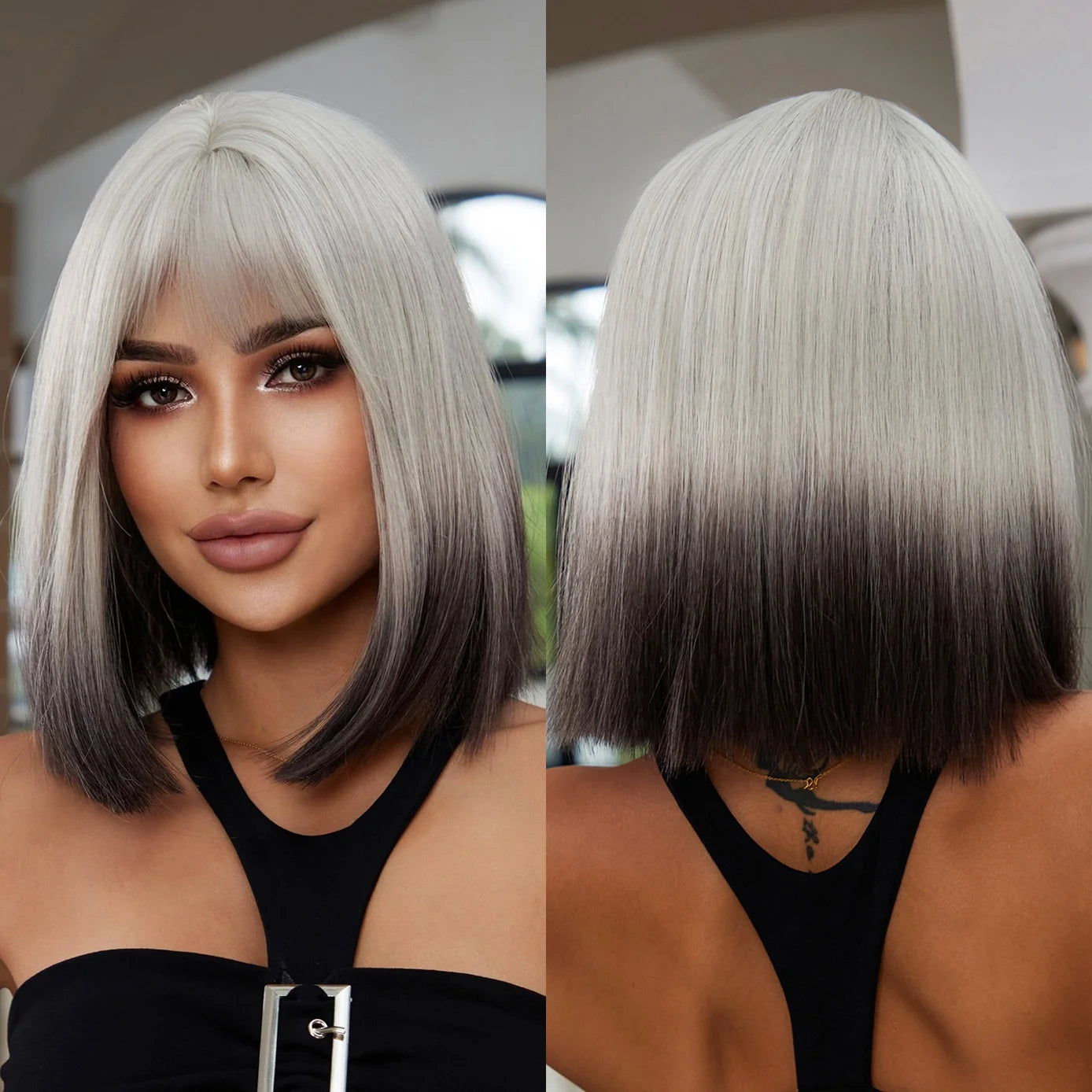 Immediate Delivery Short Ombre White Brown Straight Wig Colorful Synthetic Bob Wigs with Bangs for Cosplay Party Use Heat